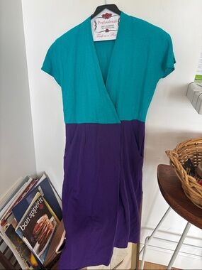 VINTAGE Teal and Purple Colorblock Wrap Dress
